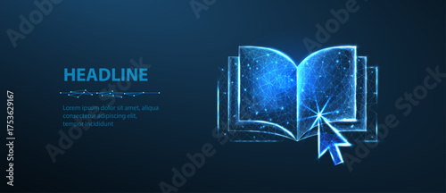 Arrow pointer clicking on digital book. Online library, e-education technology, distant study, educational resources, guide course, ebooks app, online seminar, e-learning resources concept.

