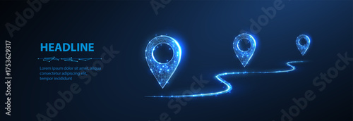 Pins. Abstract three pin icons with line isolated on blue. Transportation delivery, map location, transport logistic, tourism navigate, concept. Gps point navigation, geo point, location point symbol
