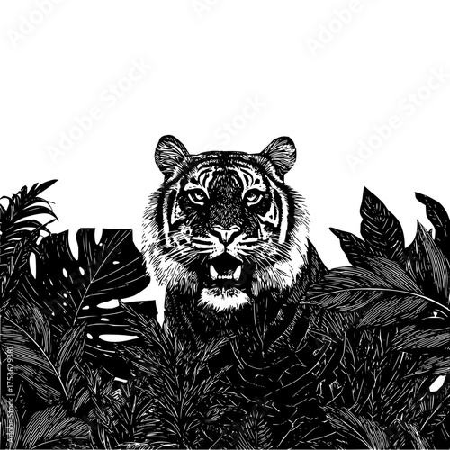 A black and white illustration of a tiger emerging from dense tropical foliage with an open mouth growling