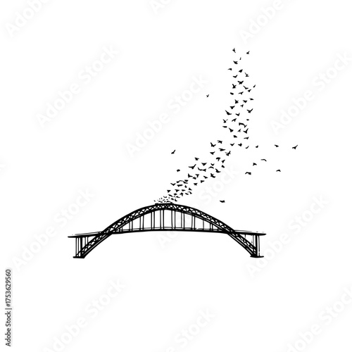 Illustration of a bridge with a flock of birds taking flight forming a dynamic and upward moving pattern