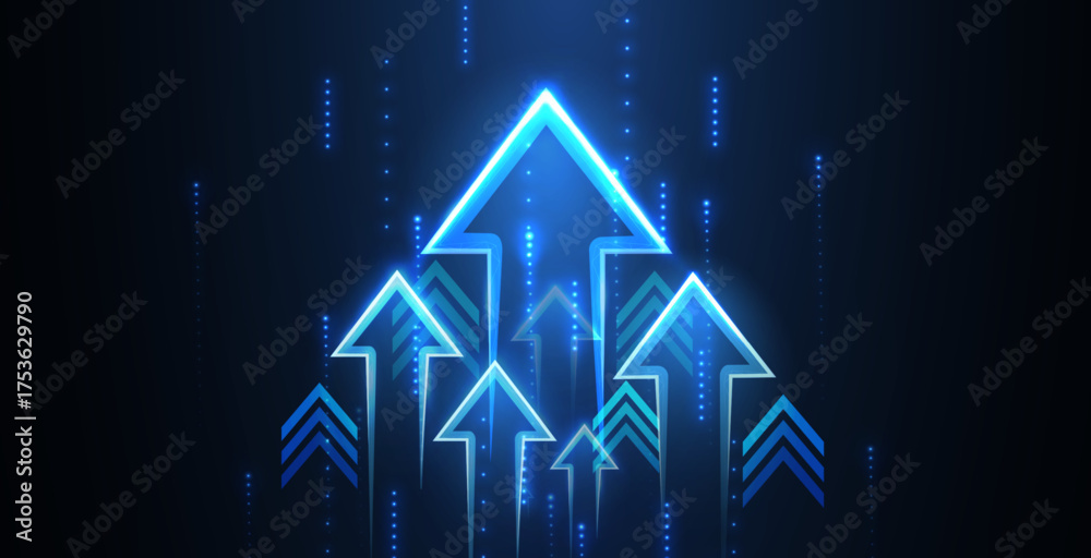 Up arrows on deep blue background space with one big arrow. Business growth, development progress, financial company statistic, hi results, investment grow concept Financial result graph.
