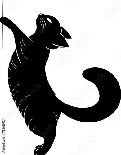 Playful silhouette of a black cat reaching upwards on a white canvas