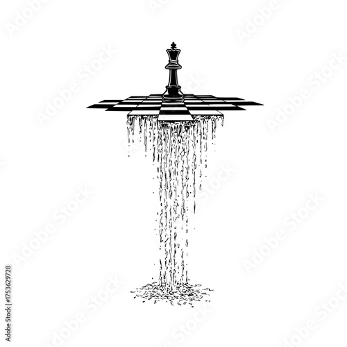 A chess king on a melting chessboard with liquid dripping down in a black and white surreal illustration