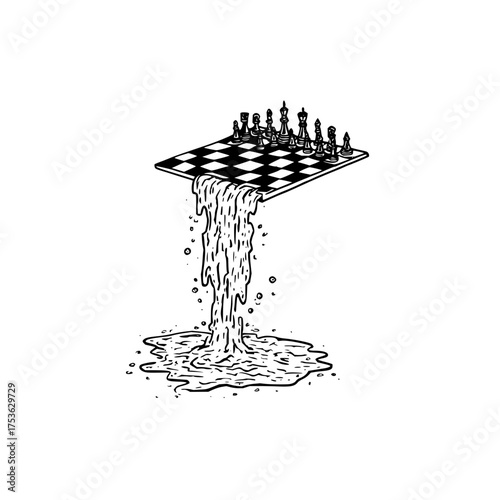 A chessboard with chess pieces has water flowing off the edge into a puddle on a white background art
