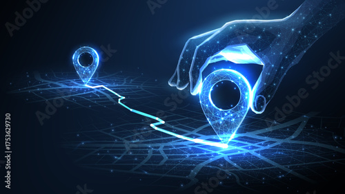 Digital hand set location on map with two pins. AI technology in GPs, innovation delivery, map location, future transport logistic, route path concept. GPs point. New office location, change address

