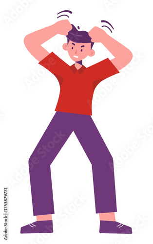 Animated character showing frustration, pulling hair, and displaying expressive emotions in red and purple tones.