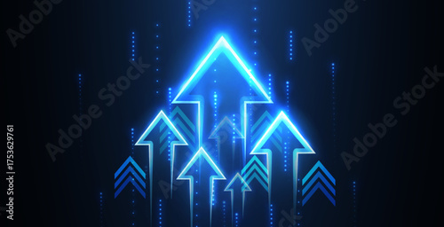 Up arrows on deep blue background space with one big arrow. Business growth, development progress, financial company statistic, hi results, investment grow concept Financial result graph.

