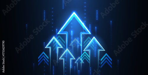 Up arrows on deep blue background space with one big arrow. Business growth, development progress, financial company statistic, hi results, investment grow concept Financial result graph.

