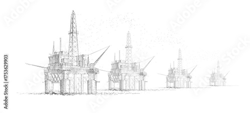 Oil rigs. Abstract 3d floating rig platform isolated on blue. Gas platform, offshore drilling, refinery plant, petroleum industry, energy resource, innovation well drilling, oilfield equipment concept