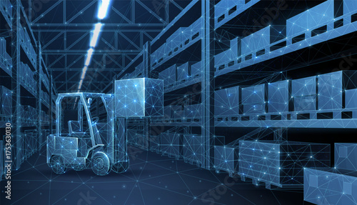 Digital warehouse. automatic stock storage, modern distribution building, ecommerce warehouse, digital logistics, smart package hardware, AI delivery system, innovation in cargo, commercial storehouse