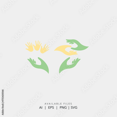 Abstract minimal helping hands vector logo, Green and yellow unity support collaboration symbol