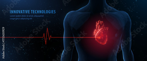 Human heart and body with red cardio line. Abstract 3d vector. Heart anatomy, cardiology medicine, organ health, medical science, life healthcare, cardio illness concept illustration or background

