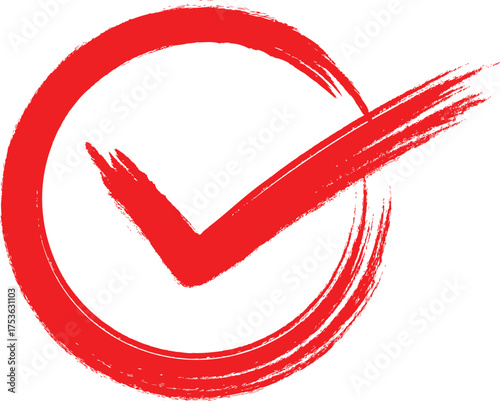 Hand-drawn checkmark with circle pencil vector illustration isolated on transparent background. Red color Print file