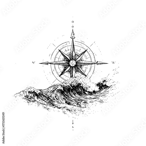 Illustration of a compass rose above turbulent ocean waves in black and white artistic style design