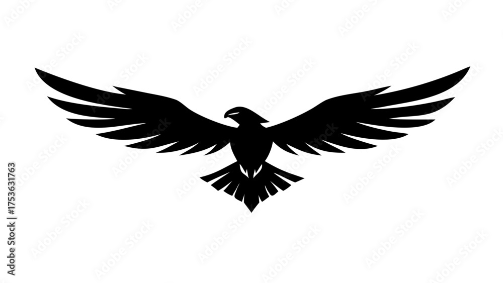 Fototapeta premium A silhouette of an eagle with its wings spread wide against a white background in a vector graphic