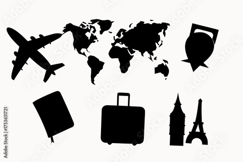 Silhouette illustration of travel themed icons including a world map and airplane travel concept art
