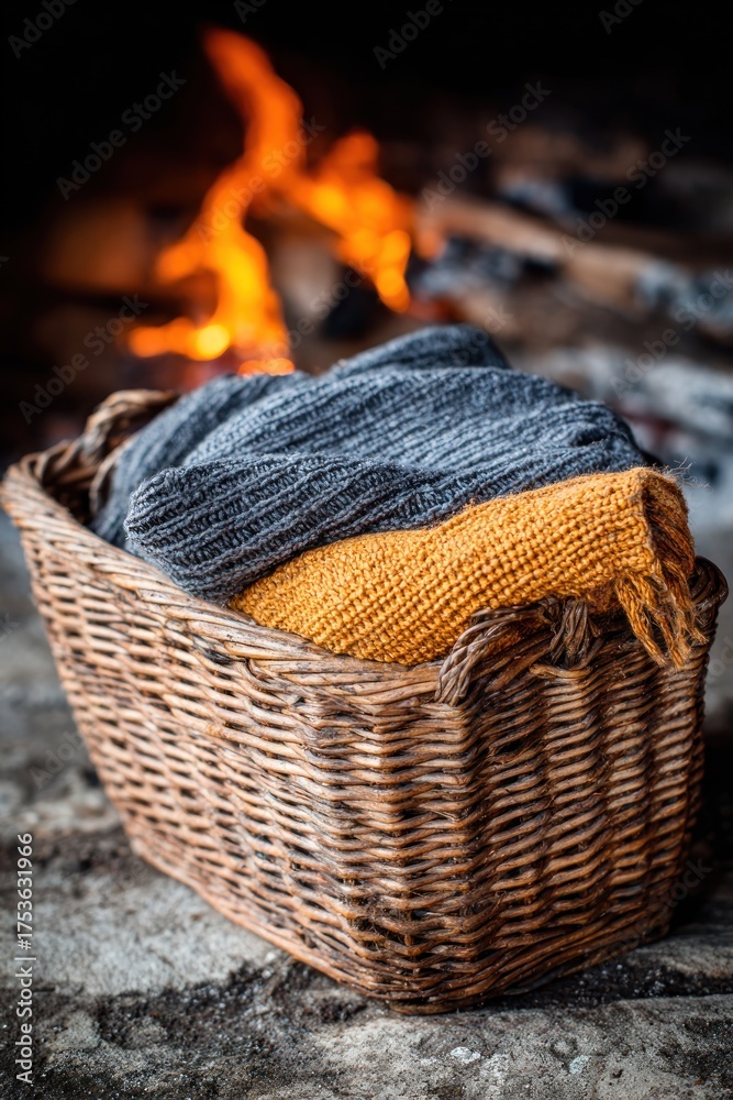 Obraz premium A basket of soft blankets by a crackling fire offers warmth and comfort on a chilly night