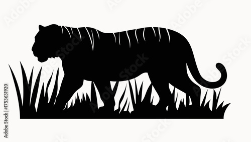 Silhouette of a tiger walking through tall grass against a white background in a simple black design