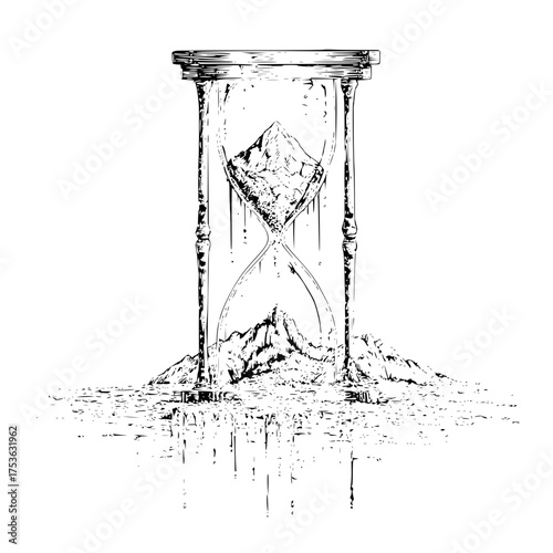 Hourglass filled with mountains and water showing the passage of time in a black and white sketch art