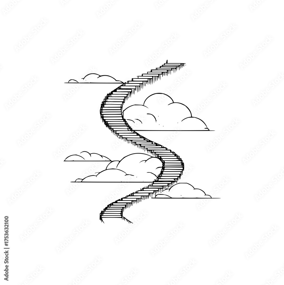 Obraz premium A winding staircase extending upwards through fluffy clouds with a small figure at the very top