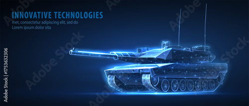 Modern tank on blue. Military technology, Autonomous weapons, Defence vehicle, Chobham Armor of tank, Artillery support, Combat vehicle, Active Protection, Military machine innovation concept.


