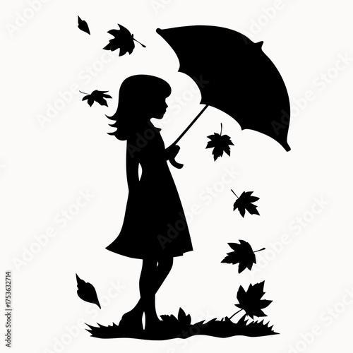 Silhouette of a girl with an umbrella surrounded by falling leaves on a white background vector image