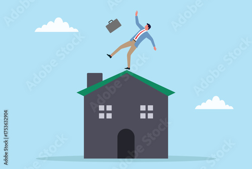 Vector illustration of a businessman losing balance on a house rooftop symbolizing the risks and uncertainties in real estate and property investments
