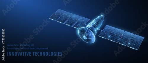 Satellite isolated on blue. Space exploration, GPS technology, Spacecraft station, Digital telecommunication network, Radar defense, Solar panel, Satellite communication, military concept

