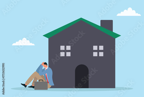 Vector illustration of an upset businessman sitting near a house, representing financial problems, real estate crisis, or challenges in property investment and housing market
