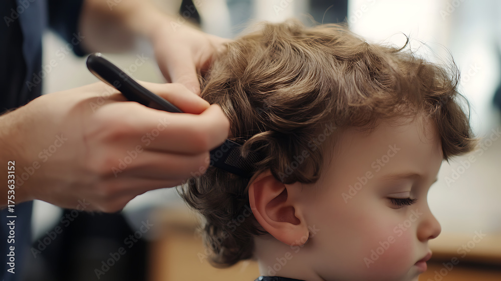 Fototapeta premium Toddler haircut: a young child with curly hair gets a trim, expertly styled with comb, ensuring a neat and adorable look at the barbershop.