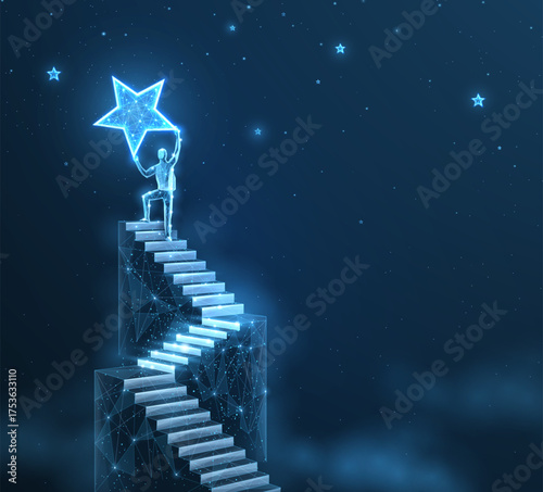Man on the top of stair and star. Achieve career growth, Reach goal, Success ladder, Business opportunity, Leader businessman, Catch chance, Job opportunity, Achieve target, dream concept

