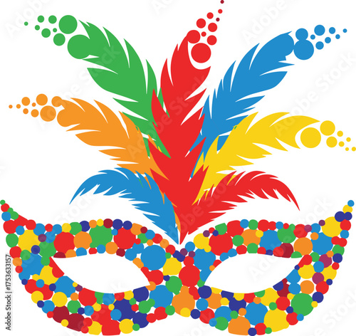 Colorful masquerade mask with vibrant feathers, carnival celebration vector, festive disguise, Mardi Gras party art, decorative costume illustration