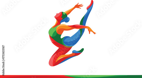 Colorful gymnast leaping in abstract pose, dynamic vector illustration, athletic energy, expressive movement, modern sports art, vibrant performance design