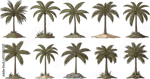 Palm tree illustration set, tropical nature icons, diverse foliage silhouettes, exotic landscape elements, botanical vector trees, summer beach design collection