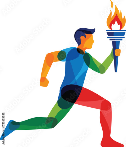 Runner holding torch in colorful abstract pose, dynamic sports vector, ceremonial flame, athletic motion, Olympic energy, vibrant illustration