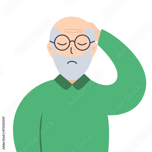 Puzzled and confused  elderly man holds his head.