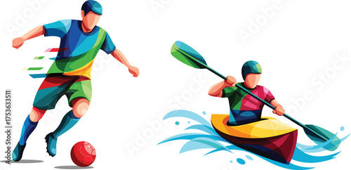 Soccer player and kayaker in colorful motion, dynamic sports vector set, athletic energy, outdoor activity, vibrant illustration, action poses