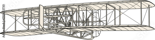 Wright Flyer vintage aircraft line drawing, historic aviation vector, early airplane blueprint, biplane sketch, aeronautical engineering, flight history art