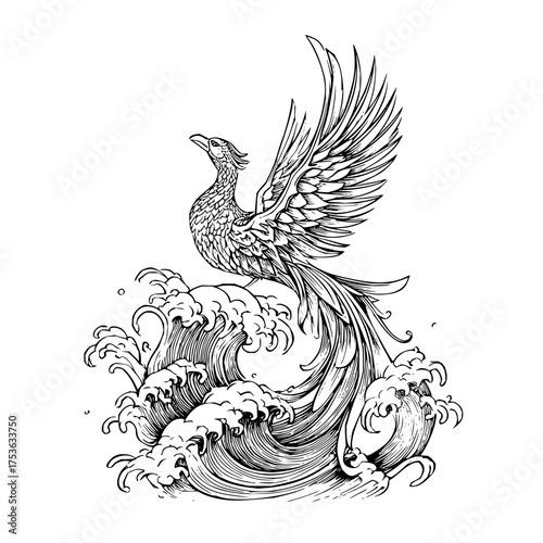 Detailed line art of a phoenix perched atop stylized waves with flowing tail feathers and outstretched wings