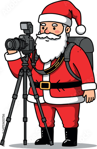 Santa Claus, dressed in his iconic red suit, is seen holding a camera and tripod, capturing the moment for his next adventure. A charming cartoon of Santa ready to capture precious memories