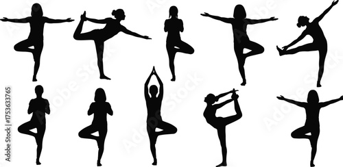 Yoga pose silhouette set, black vector illustration of balance and flexibility, mindfulness, standing postures, wellness art, fitness icon pack
