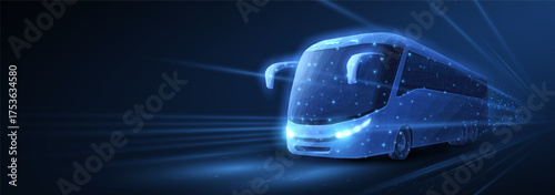 Futuristic digital representation of a bus with glowing blue wireframe design, symbolizing advanced transportation systems and smart mobility technology in a dynamic, high-speed environment.