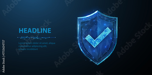 Secure technology. Polygonal wireframe shield with check mark sign isolated on blue. Secure service, protect data, cyber shield, antivirus solution, internet safety, firewall system, privacy concept

