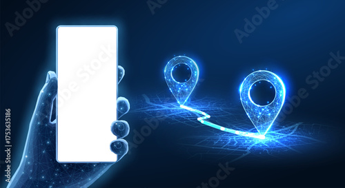 Phone mockup in hand and pins connected. Phone mobile app, gps tracker, geo location, uber route, pin pointer, navigation plan, online search, taxi app service concept.

