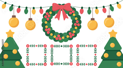 Vector art of christmas decoration with wreath and tree design