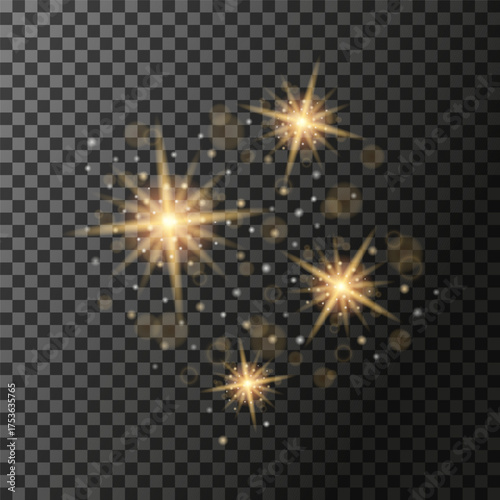 Isolated yellow light effect on dark transparent background. Abstract sun burst with bokeh and glitter. Sun flash with rays. Flash light. Glow sparkle effect. Vector illustration.