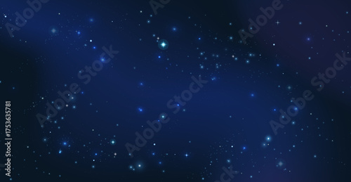 Abstract space dust. Magic snow on blue background. Dust particles with bokeh effect. Flying glitter dots in infinite. Starfall in the sky. 3d rendering.

