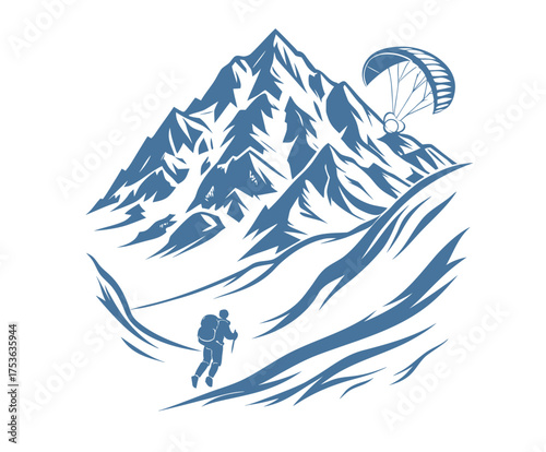 Adventurous skier descending a snowy mountain slope with a paraglider soaring in the blue sky above