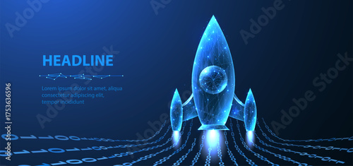Startup. Digital rocket start. Isolated on blue. Fast web development, process boost, investment in innovation, product development, website startup, virtual project, AI company concept

