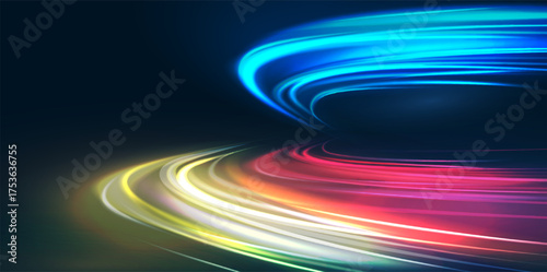 Speed light motion background. Digital city, Tech concept, Data trail, Car acceleration, Abstract road, Light effect, Night highway, Dynamic movement, Neon beam

